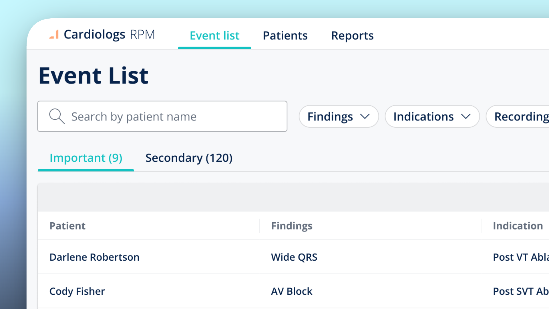 The Event List split into Important and Secondary tabs, with filters and patient context at a glance