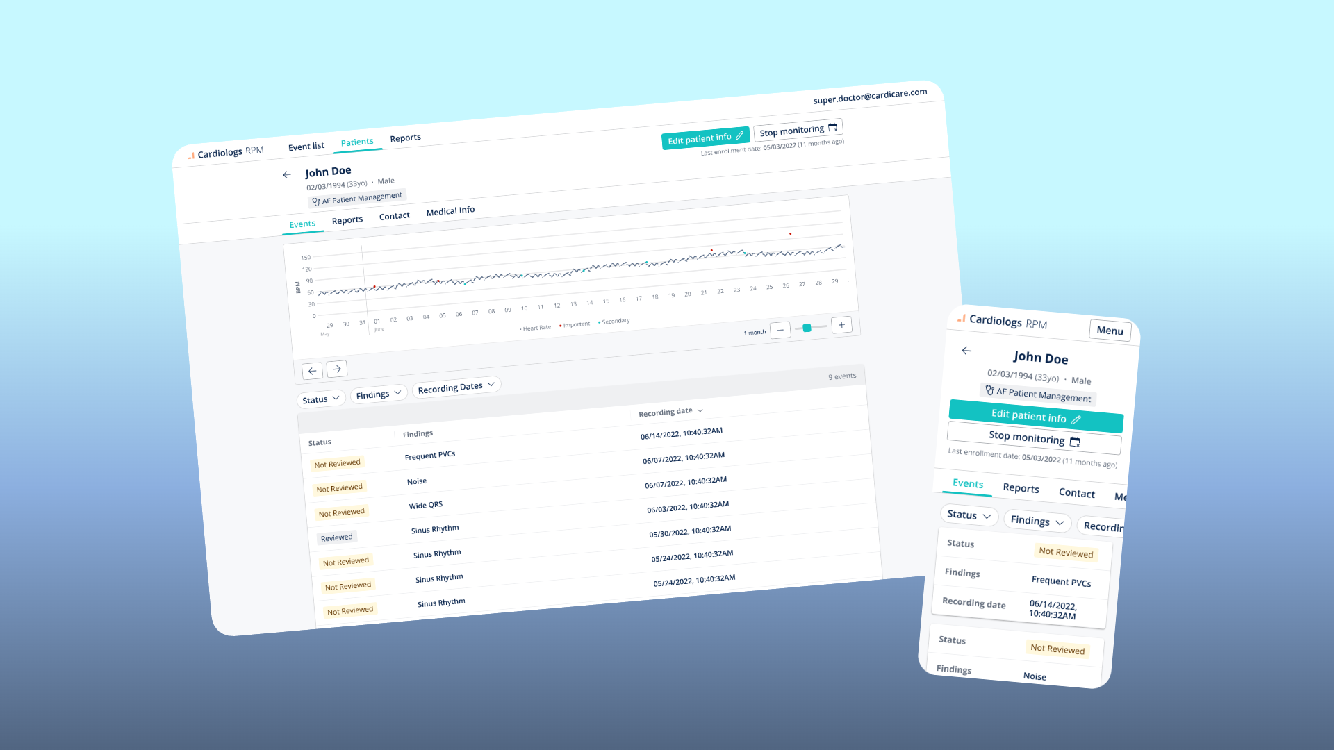 Patient profile view with heart rate trend chart and event history
