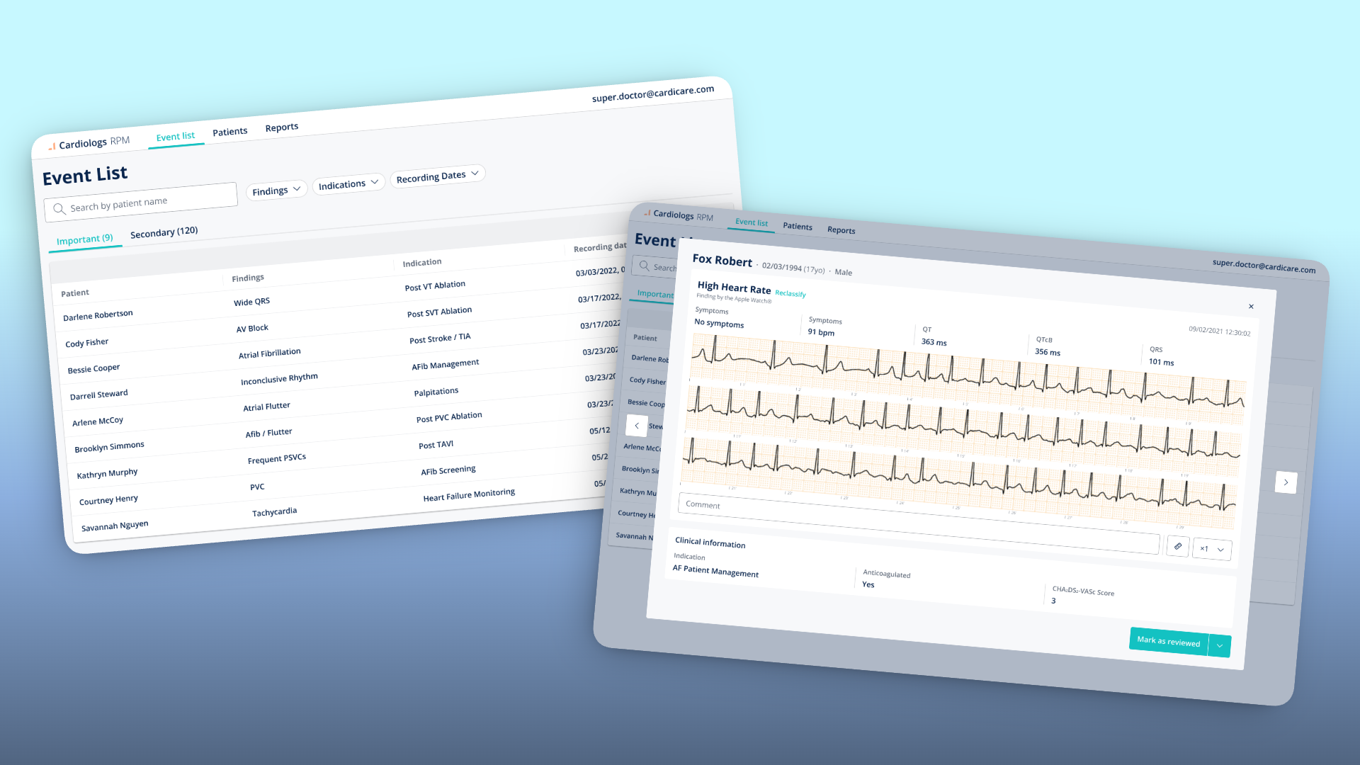 Overview of the Cardiologs RPM physician platform — event list, patient profile, and event detail views